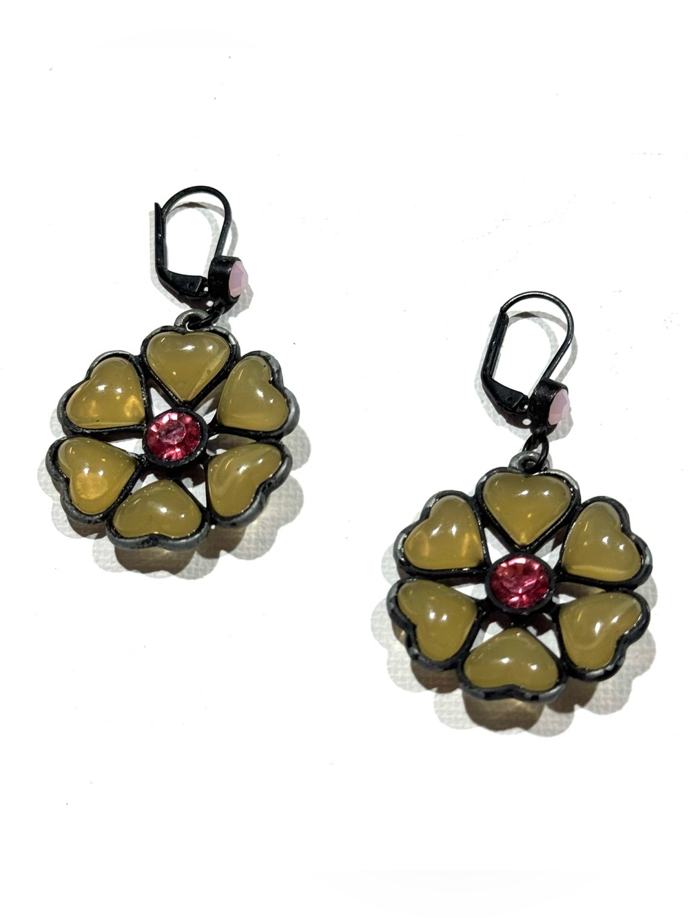 Vintage Style Floral Heart Petal Dangle Earrings Pink Rhinestone